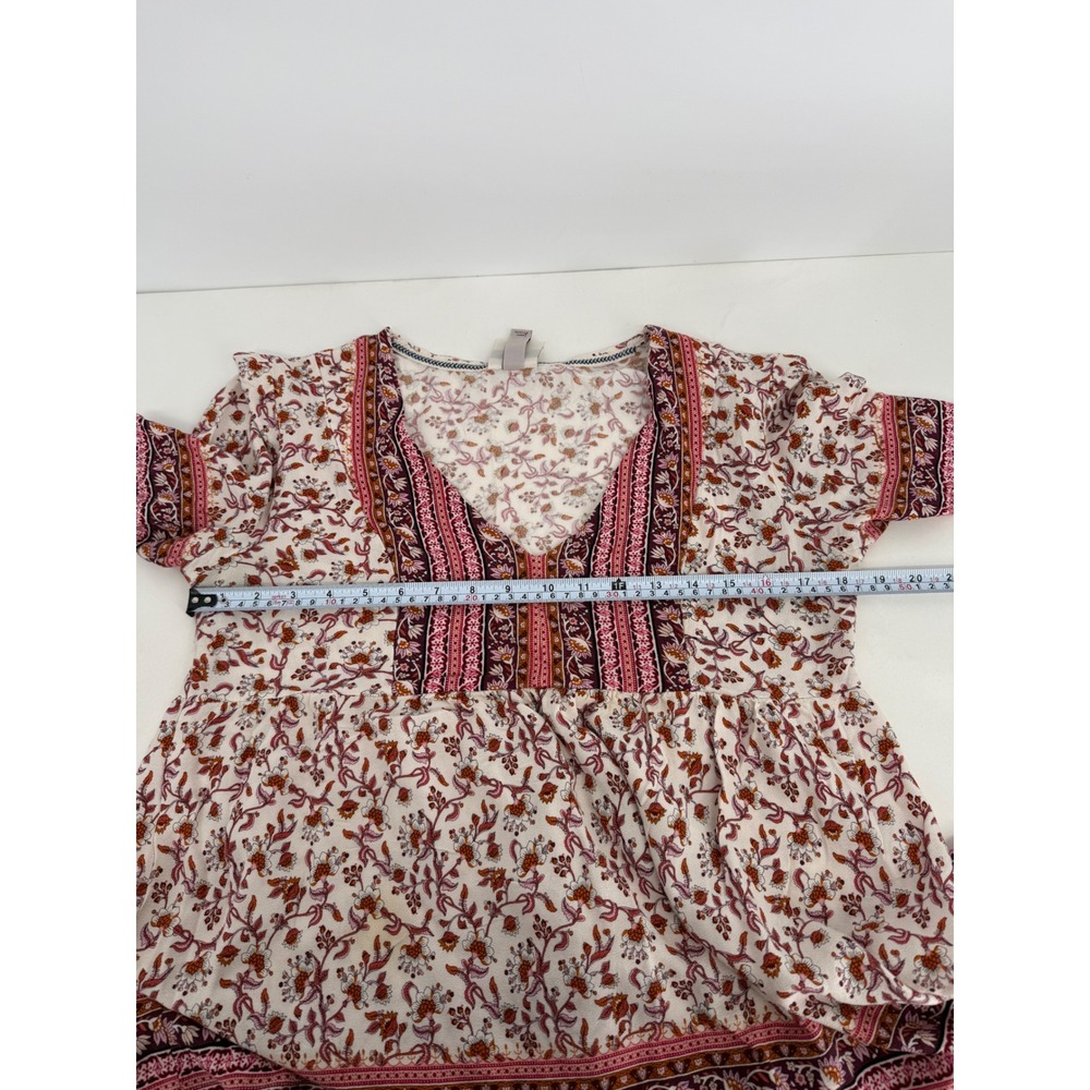 Knox Rose Womens Floral Babydoll Top Burgundy Pink V-Neck Short Sleeve Medium - Picture 5 of 9